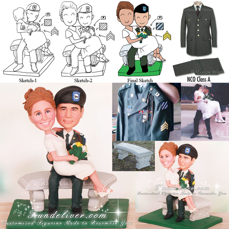 Groom Holding Bride Sitting on Bench Cake Toppers